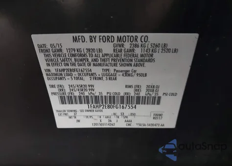 2015 Ford Taurus Sel z USA, uszkodzony, nr VIN 1FAHP2E80FG167554